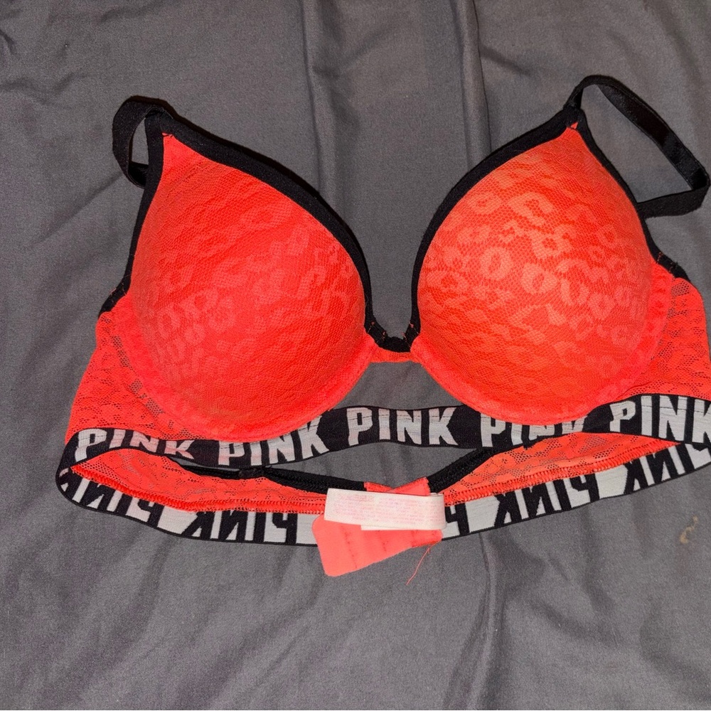 Victorias Secret PINK Push Up Bra Size 32B Neon Orange Leopard Logo